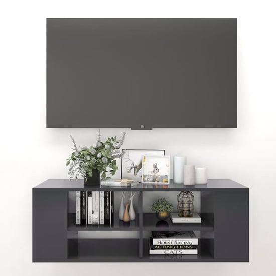 Taisa Wooden Wall Hung TV Stand With Shelves In Grey