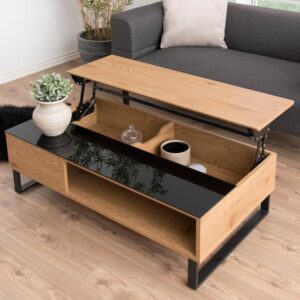 Allegan Wooden Lift Up Coffee Table With Black Glass In Wild Oak