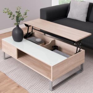 Allegan Wooden Lift Up Coffee Table With White Glass In Sonoma Oak