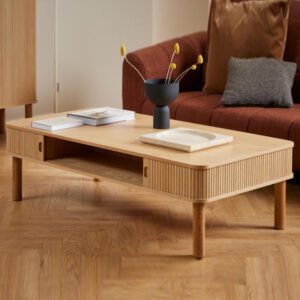 Lewiston Wooden Coffee Table With 2 Sliding Doors In Oak