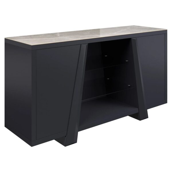 Laval Grey Gloss Ceramic Glass Top Sideboard With Wooden Base