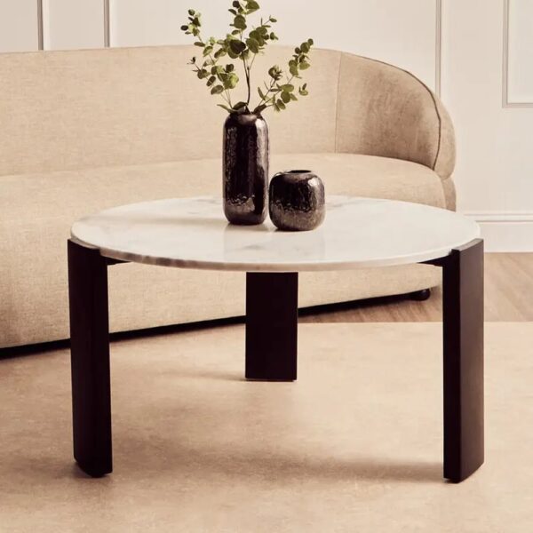 Paramus Large White Marble Top Coffee Table With Wooden Legs